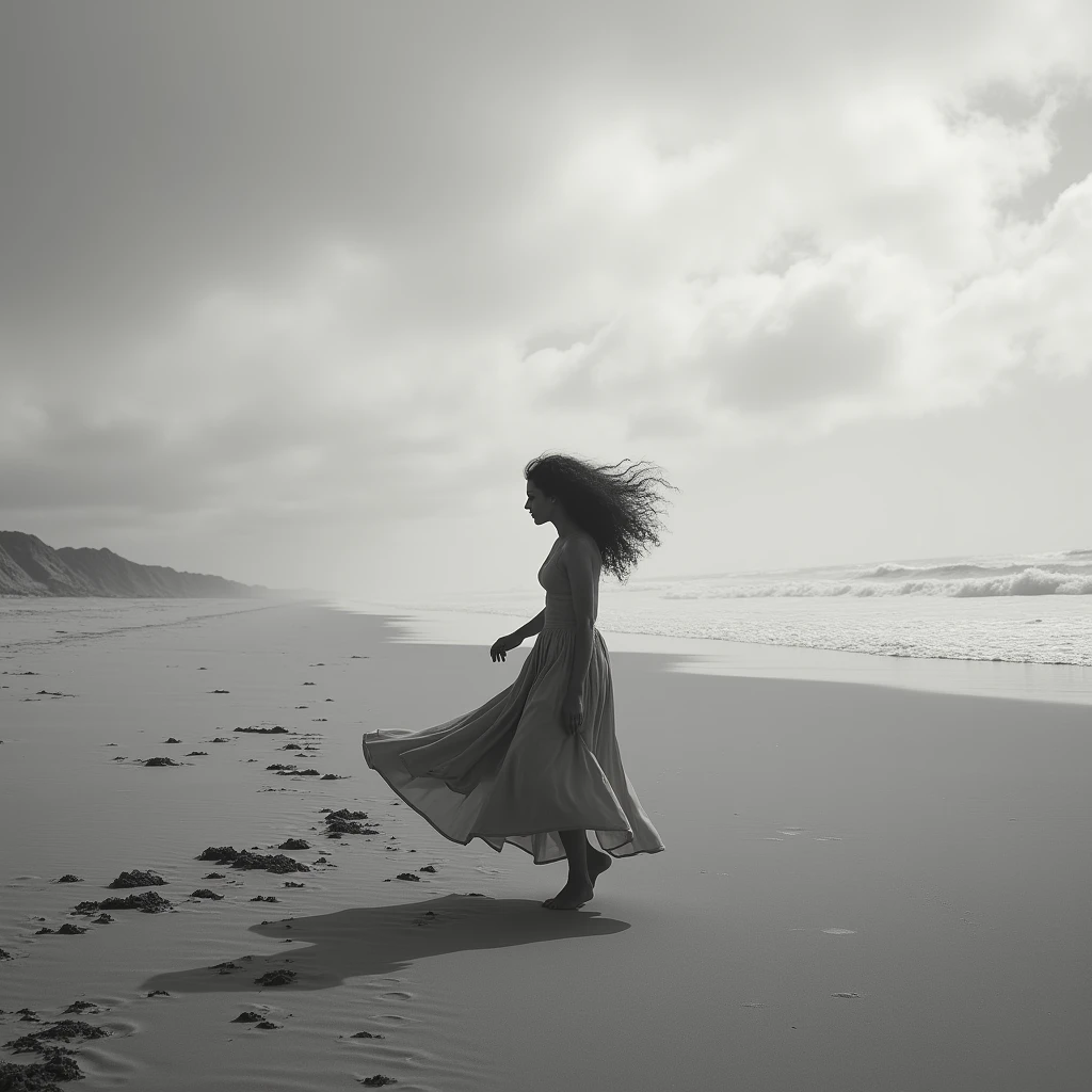  distant woman in the distance with curly hair dancing in the sand, surf , arena, costa, clouds, cloudy, winds, loneliness, melancholia, sadness, Photography, Realism, analogic camera effect, masterpiece, perfect composition, black and white