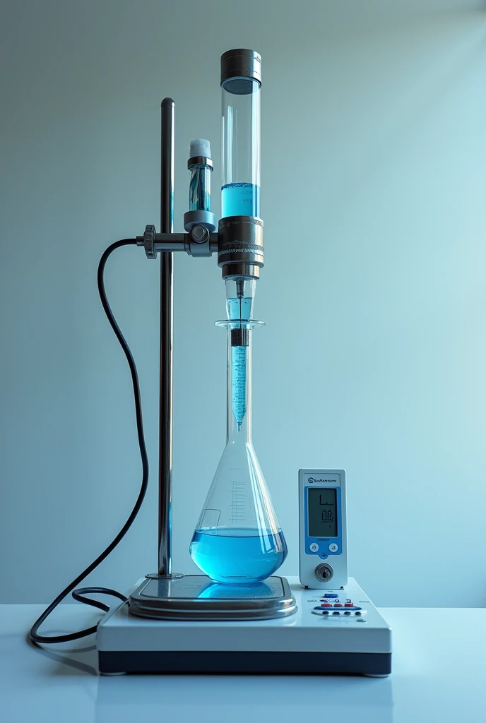 The image shows a laboratory setup designed for the titration of an amino acid.. In the middle, A burette is found, a vertical glass cylinder that allows for precise measurement and dispensing of liquids. This burette is fixed to a sturdy stand, ensuring its stability during the experiment.
Under the burette, There is a magnetic stirrer, a device used to mix solutions uniformly. A beaker containing the amino acid solution is placed on this stirrer..
besides, A pH meter is seen connected to the solution, which allows to measure the pH of the mixture. This instrument is essential for monitoring changes in acidity or basicity as the titration is carried out..
This set of instruments is essential for performing titration experiments in a precise and controlled manner., facilitating the analysis of the properties of the amino acid under study.