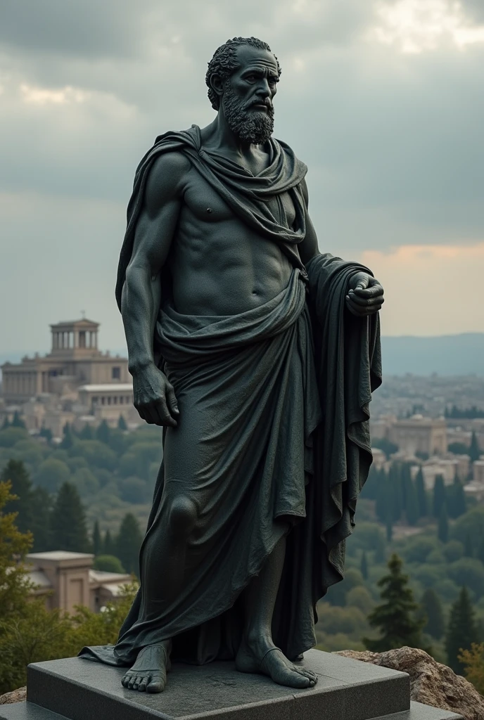 Statue of Socrates a Stoic philosopher standing on a hill with command looking over Greek with a dark aesthetics 