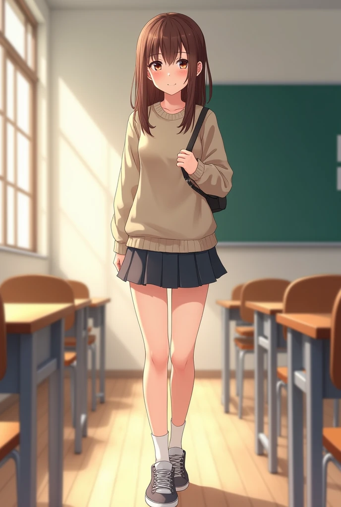 (anime:1.2), Pretty girl standing full body in casual clothes, with medium long brown hair and honey colored eyes from head to toe in school
