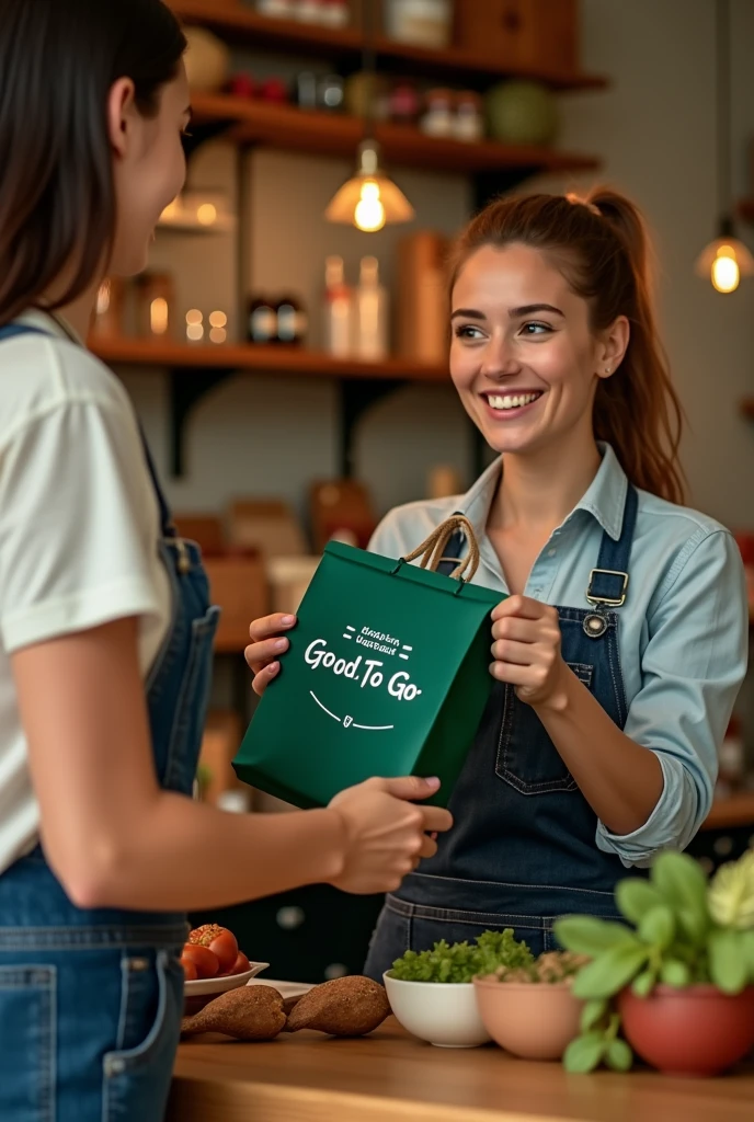 Photo d'une commerçante jeune de 22 ans qui donne un sac too good to go vert foncé, a un jeune de 18 ans fait preuve de réalisation ! Je veux que ça soit des Français, garde cette image et change la couleur du sac met le en vert foncé et il faut que y est marqué too good to go dessus 