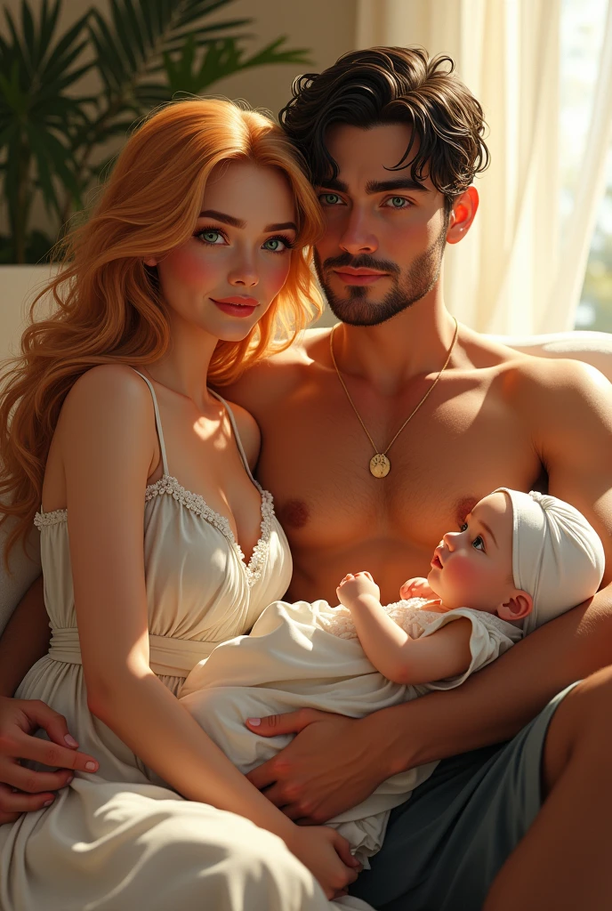 (best qualityer)), ((work of art)), (detailded), a woman with strawberry blonde hair and amber eyes wearing a beautiful, elegant and comfortable dress with her son with green eyes and strawberry blonde hair and an extremely handsome man with a tanned body, green eyes, short, wavy black hair with a  girl on his lap, beautiful just like her father 