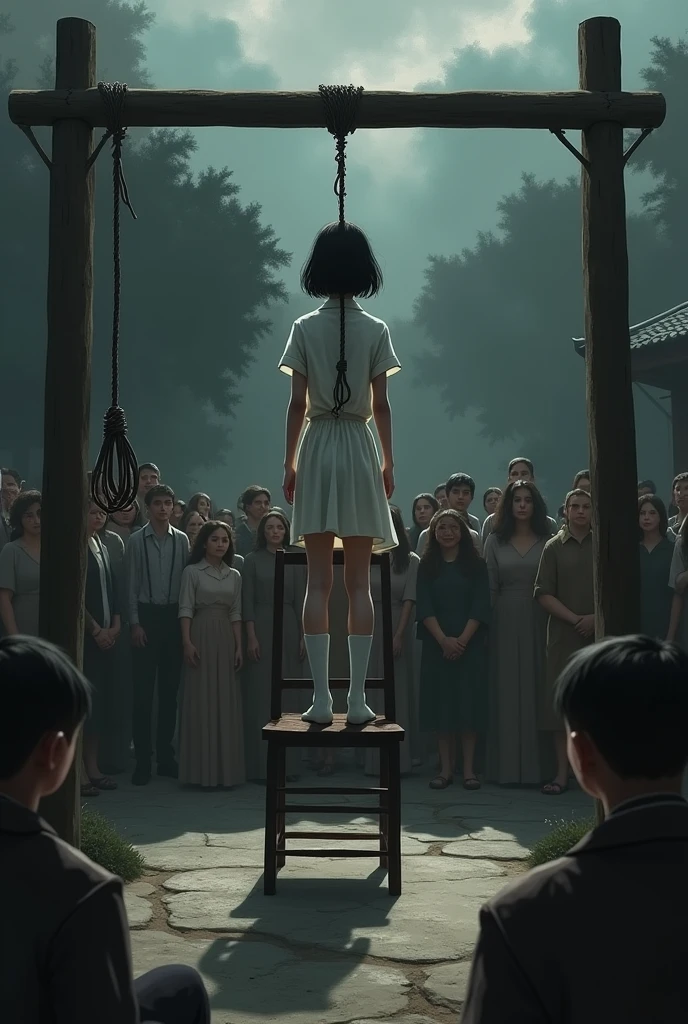 Scene Four Girl in White Thigh High Socks, hanged, execution, gallows, many people around, thòng lọng, stand on chair 