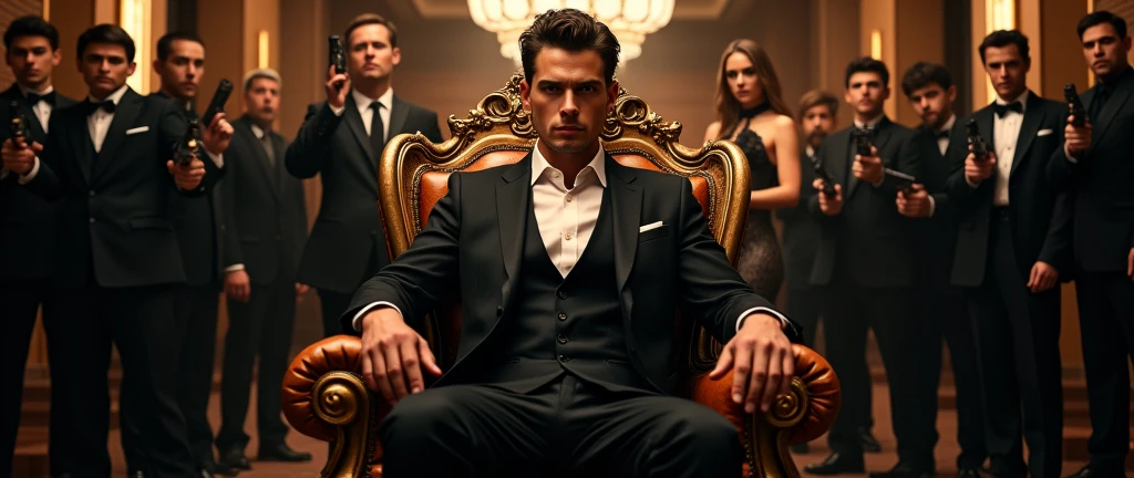 A striking poster showcasing a powerful, young, and handsome Mafia Boss exuding confidence as he sits on an opulent boss chair. His posture reflects dominance and control. Behind him stands a beautiful woman, adding an air of elegance and mystery. Beside her, a second version of the Mafia Boss is portrayed in simple attire, embodying a stark contrast. The background features a lavish bungalow, teeming with men clad in black suits and holding guns, creating an atmosphere of intimidation and power. The entire scene captures the essence of high-stakes drama and suspense.