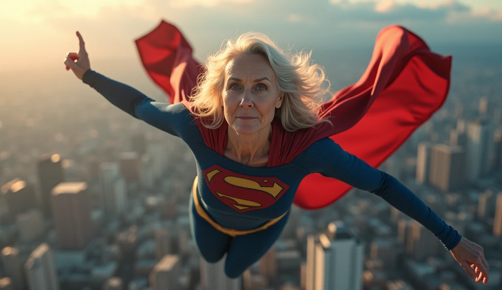 Supergirl Julie Hagerty(((very beautiful old Supergirl (((1984s costume))); Julie Hagerty))) Super old woman Julie Hagerty; confident, powerful, indestructible, attractive; big and firm chest, floating high above the city, sunlight streaming through the clouds, dramatic pose, cinematic lighting, colorful cityscape below, gritty urban environment, intricate details, hyper-realistic, 8k, cinematic, dramatic, grandiose, superhero, flying, cape flowing, muscular, confident, powerful, determined expression, glowing eyes, lens flare, volumetric lighting, cinematic camera angle, dramatic shadows and highlights, photorealistic, vibrant colors, highly detailed, masterpiece