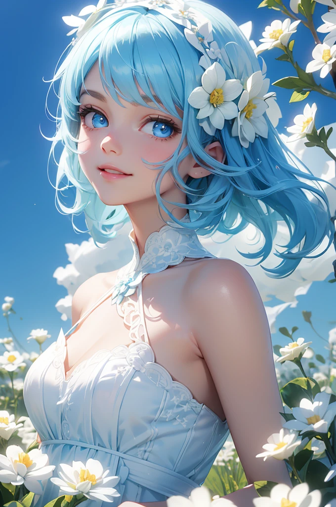 Light blue hair Wave Shorthair Light blue eyes beautiful girl White flower hair ornament beautiful White Flower Field White Dress Fairytale castle smile