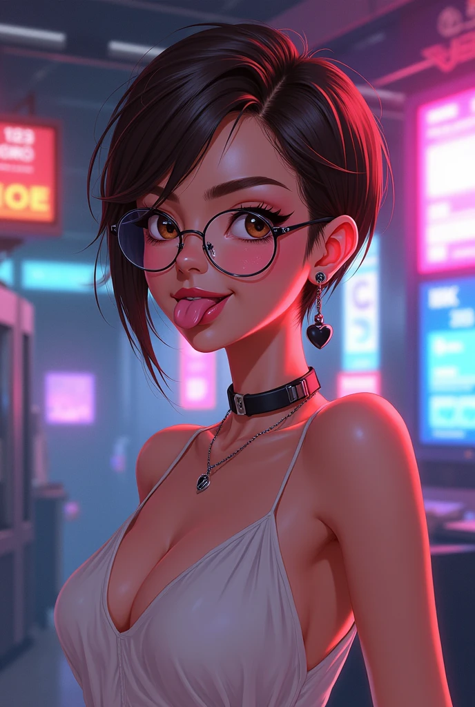 I want a girl, twenty years old, big brown eyes, black and brown eyeshadow makeup, small but fleshy mouth, Short Pixie Brown Hair Shaved on Sides and Back, a white dress with a neckline, pierced ears black heart earrings, slim facial features but with defined cheekbones, smiling and sticking out her tongue, wearing round clear glasses, cyberpunk animation