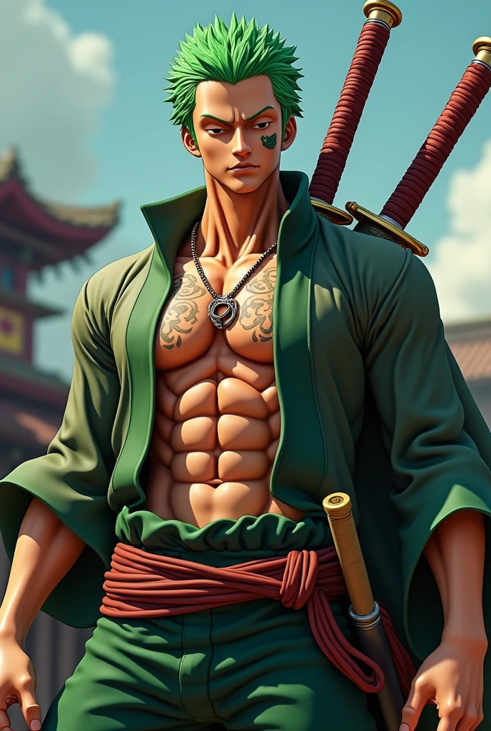 one piece、ロロノアZoro、Zoro、Sandao-ryu、High resolution, Closed eyes, High resolution, masterpiece, accurate, Anatomically correct, High-resolution model, Textured skin, Very detailed, Ultra high definition, 3D Rendering, 8k octane, realism,