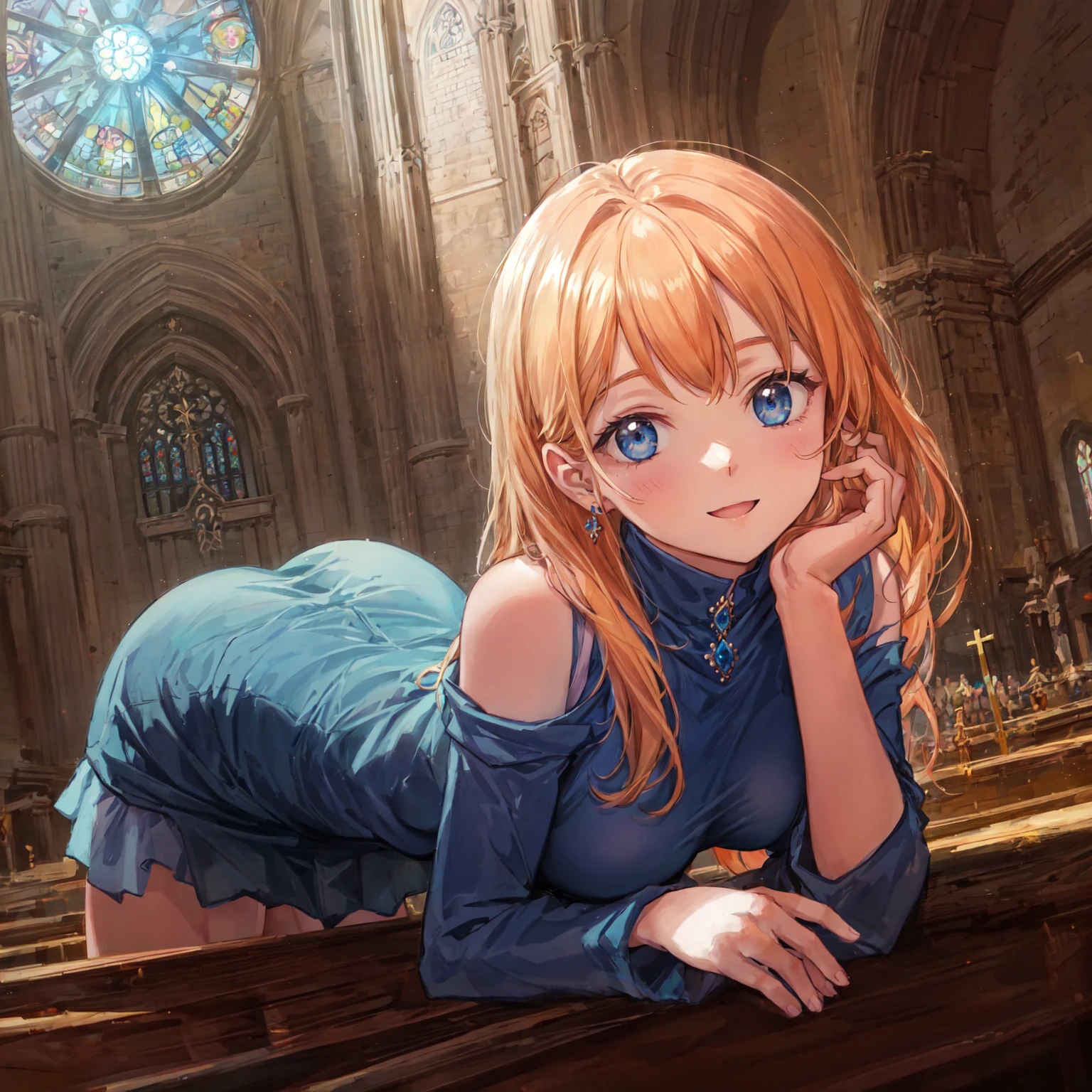(Pencil Art:1.3),masterpiece, Highest quality,pastel colour,church,dutch angle,Leaning forward,Place your face on your hands,Accurate 5 fingers,A happy smile,{{beautiful medium-sized breasts1:4}},master peace ,{{beautiful blue eye1:4}},,(((Sacred))),Photoreal 1;4,{{blond hair}}, top quality, {{beautiful butt}}, cute girl, high quality background,