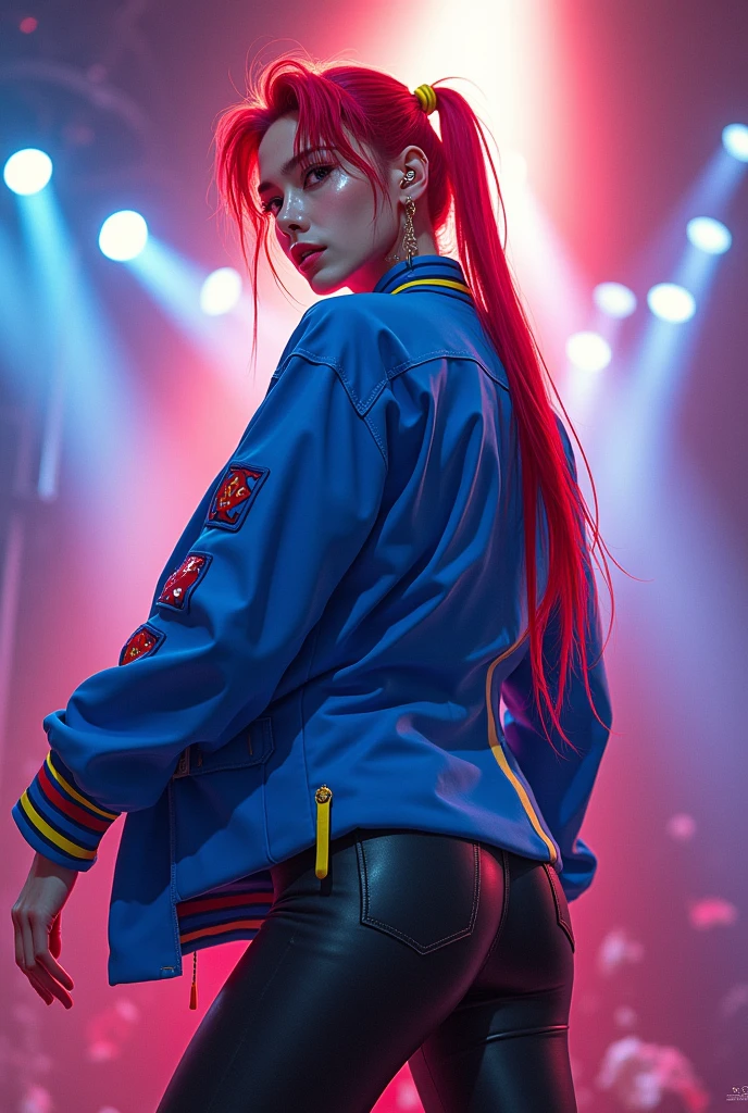 masterpiece, Highest quality, Ultra-high resolution, (sexy Korea idol man: 1.3), Men, Korea Men, manhwa, sexy Men, Red hair with yellow side streaks, Straight hair、big male ass , big male ass , big male ass, long tied hair, Looks like a、(red and blue harajaku style: 1.2), (The jacket is a blue jacket with red and yellow details.: 1.2), back view、Big, shapely ass、The kpop show paucco where the spotlight is dazzling、A little wet、mouth piercing, Focus on the big ass and beautifully shaped