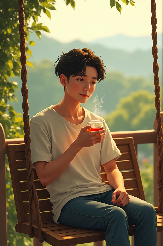 There is a 20 year old man he has a glass of tea in his hand. The man is sitting in a swing in the balcony.