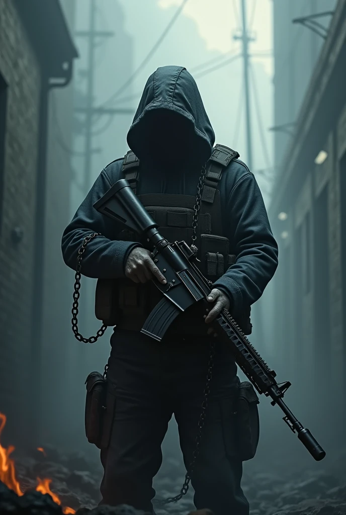 An anonymous soldier chained to a sniper rifle. write the word slayvefps in the middle of the picture, use 3 colours only. Make the size of the picture 1x1