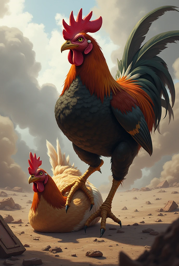 A warrior chicken defeating another one by stepping on his head super angry with a war background