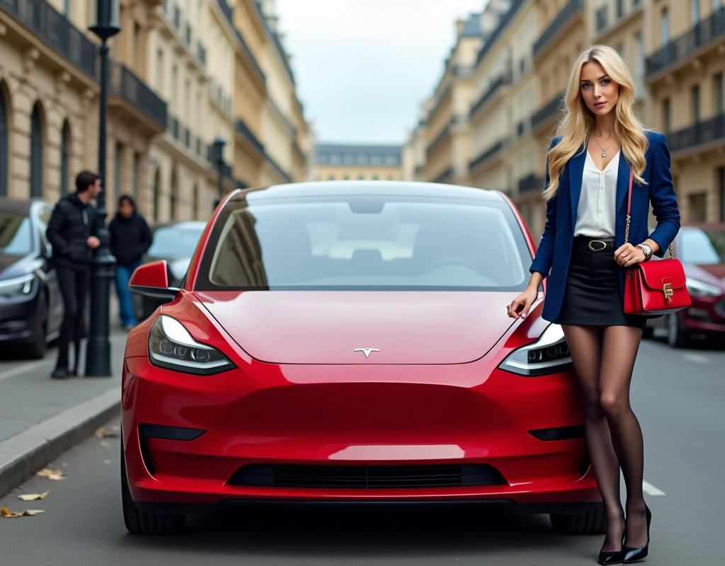 Tesla－Electric Vehicles、 Red color, Environmentally friendly, Front view, full body, standing on street, in Pars, beautiful young French girl, (2 , blond hair, long hair, gray eye, little lip ,  earring neckless, Gucci red handbag, lady's lady's watch of Quarter ), (C cup breasts, wide hip), ( haute couture Blue Jacket, White blouse, Black miniskirt,  black pant stocking , black hi-heal), ((super detail, high details, high quality, accurate, anatomically correct, textured skin, beautiful fingers super detail, high details, high quality, best quality))
