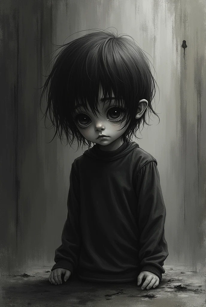 Black and grey childrens horror, creepy drawing about ptsd and deppression