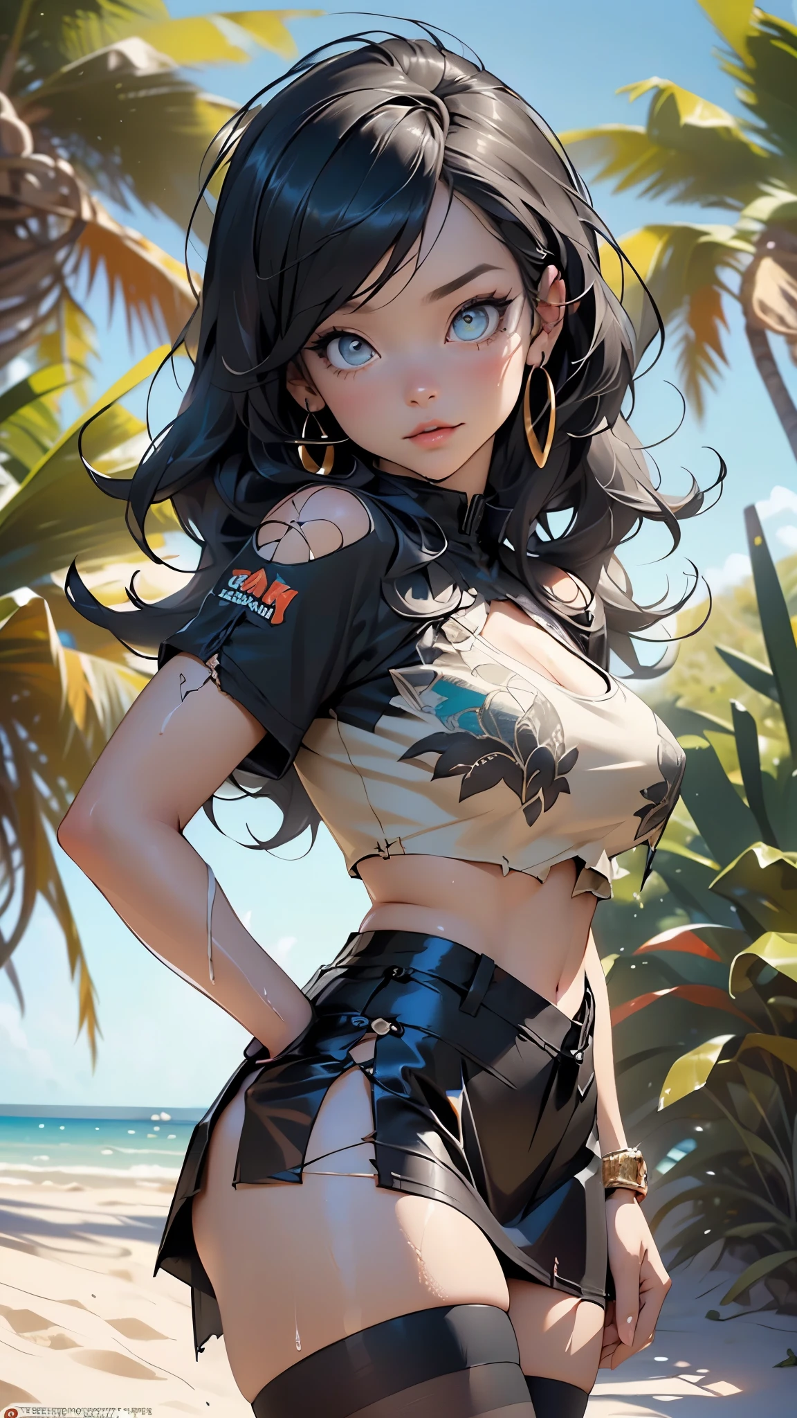 sith girl, serious and sexy face, has a face of supernatural beauty, long black hair, black hair, fitness hip, cracked abdominal muscle, large abdomen muscle,light_blue_hair,

woman,1female,((milf,mom,mature,mature woman,4 female,adult)),

Her figure is extremely voluptuous, gigantic breasts, heavy breasts,(large breasts:1.5),saggy breasts,colored inner hair,((aqua_eyes:1.3))),intricate eyes,beautiful detailed eyes,symmetrical eyes,((((lustrous skin:1.5,bright skin: 1.5,skin tanned,shiny skin,very shiny skin,shiny body,illuminated skin)))),(spider lower abdomen,narrow waist,wide hip,bimbo body,inflated legs,thick thighs),(((detailed face))),

(cute,slutty,sensual,seductive look,seductive,((erotic)),opulent,sumptuous,longingly,((nsfw)),

queen,goddess,fantasy,revealing clothing,show skin,zettai ryouiki,revealing clothing,skin show,((rave shirt with a black print,rave miniskirt,visible thong straps)),(wearing a rave outfit:1.3,rave clothing,semi-naked,scantily clad),((clothes wet, intricate costume, intricate clothing)),(femdom cloth,torn clothes,black clothes),sith style, bare belly, bare shoulders, golden bracelets,detailed outfit,

(dynamic pose:1.0),arrogant face, arrogant smile,(centered,scale to fit dimensions,Rule of thirds),

outdoor,((beach rave party)),scenery:1.25,((intricate scenery)),((beach rave party background)),beach rave party atmosphere,Summer beach party,sand,beach party behind,harmonized orange sunset adding to the atmosphere of a summer beach party,beach party atmosphere,Boom festival,European rave,Cytorance festival,time golden,Ozora festival,sea,horizon,palm,palm trees,Christmas lights,

(Glossy rave ornaments),highres,sharp focus,(ultra detailed,extremely detailed),(photorealistic artwork:1.37),(extremely detailed CG unity 8k wallpaper),(((vibrant colors,vibrant theme))),(intricate),(masterpiece),(best quality),artistic photography,(photography taken by sldr),(intricate background),perfect rendered face,perfect face details,realisti