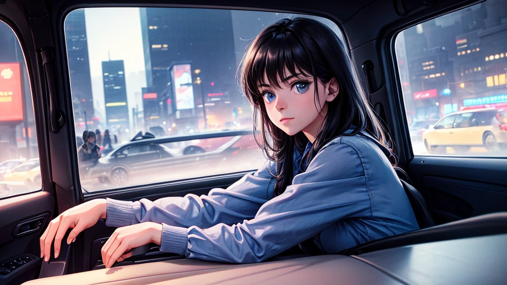 Create an image from the angle inside a car, showing a woman with a thoughtful expression on her face as she gazes out of the side window at the cityscape. The city outside should be visible, illuminated by streetlights and neon signs. Use soft, pastel colors and subtle gradients to capture a dreamy, reflective atmosphere. Ensure the interior of the car feels cozy and comfortable, adding to the overall serene vibe.futuristic city