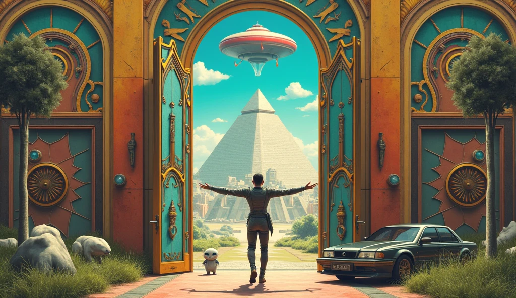 Un homme avec des vêtements futuristes pousse des deux mains des portes futuristes  avec des figures géométriques de couleurs différentes sur la porte et devant lui une pyramide avec de l'herbe et des animaux ,le tout ressemblent à la peinture que j'ai publié et un robot et à côté devant une des portes et le personnage caucasien avec un Péroqué sur l'épaule et un aspect baroque est légèrement ajouté une soucoupe volante est ajouté et un extra terrestre petit gris,le personnage se tient droits les jambes légèrement écartées en poussant les portes il y a des mécanismes et horlogerie sur les portes et une voiture ancienne améliorée venus du futur 