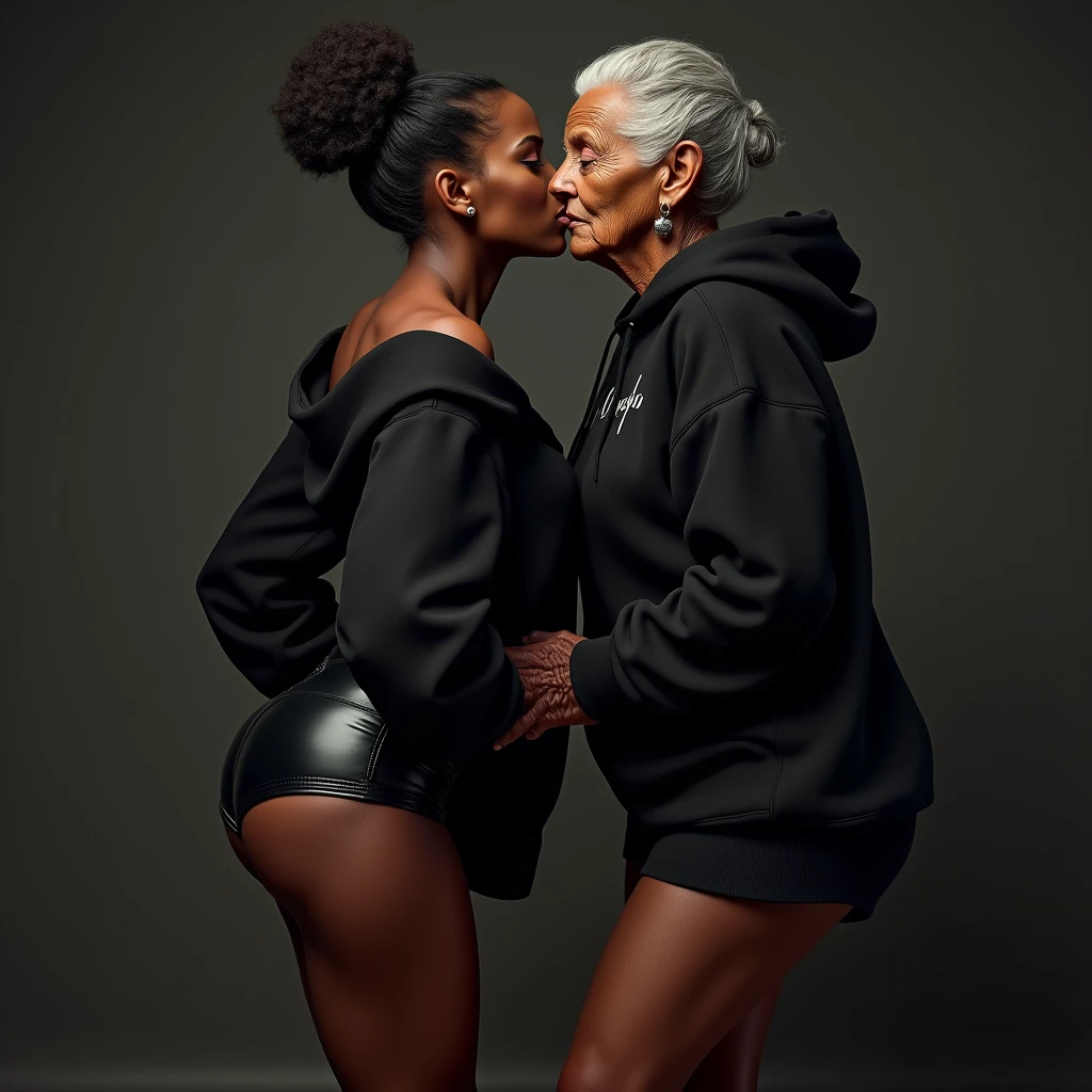 black woman hair in a bun black hoodie black leather short shorts a old grandma in a dress kissing her ass behind her squeezing her butt