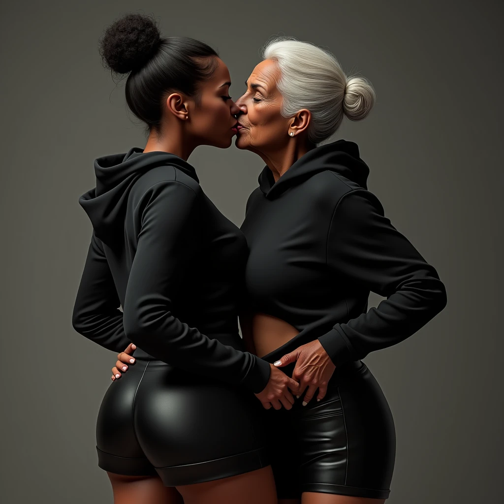 black woman hair in a bun black hoodie black leather short shorts a old grandma in a dress kissing her ass behind her squeezing her butt