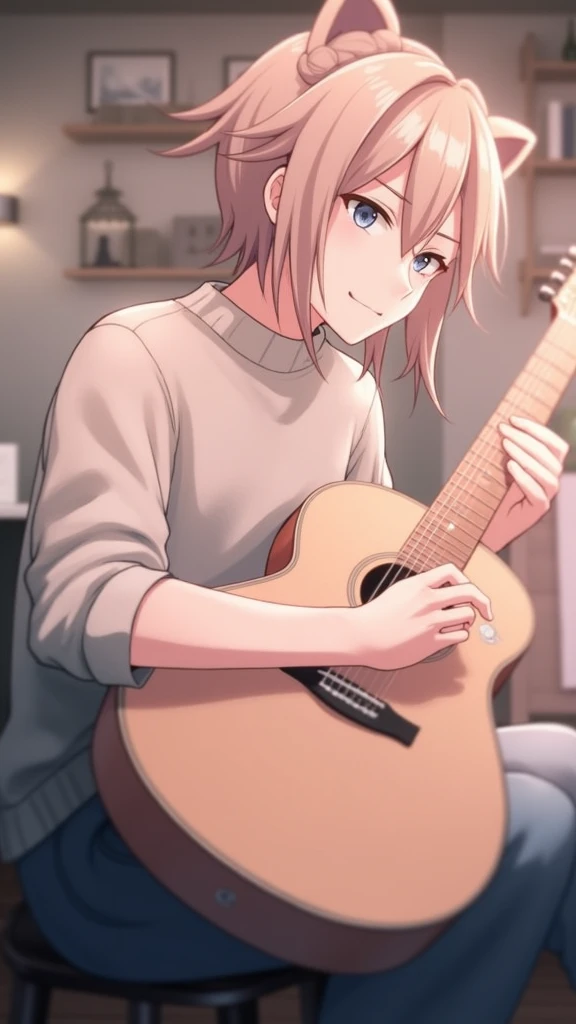 That he is playing a guitar