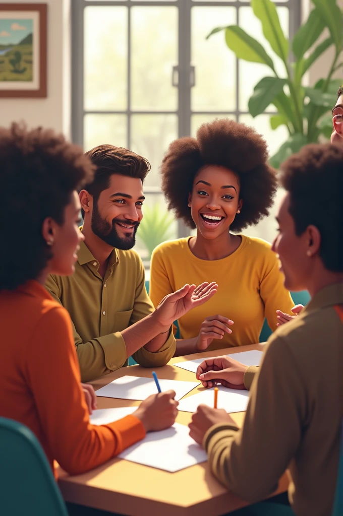 A group of different people working together and communicating well. Halimbawa, isang tao na nag-aalok ng tulong sa isang kapwa na nangangailangan, or the people who warmly greet and mingle.