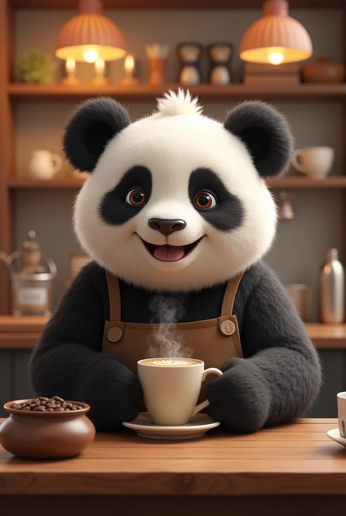 Draw a semi realistic panda, nice and happy look, I want him to be serving coffee in a traditional coffee shop. You must wear casual clothing.