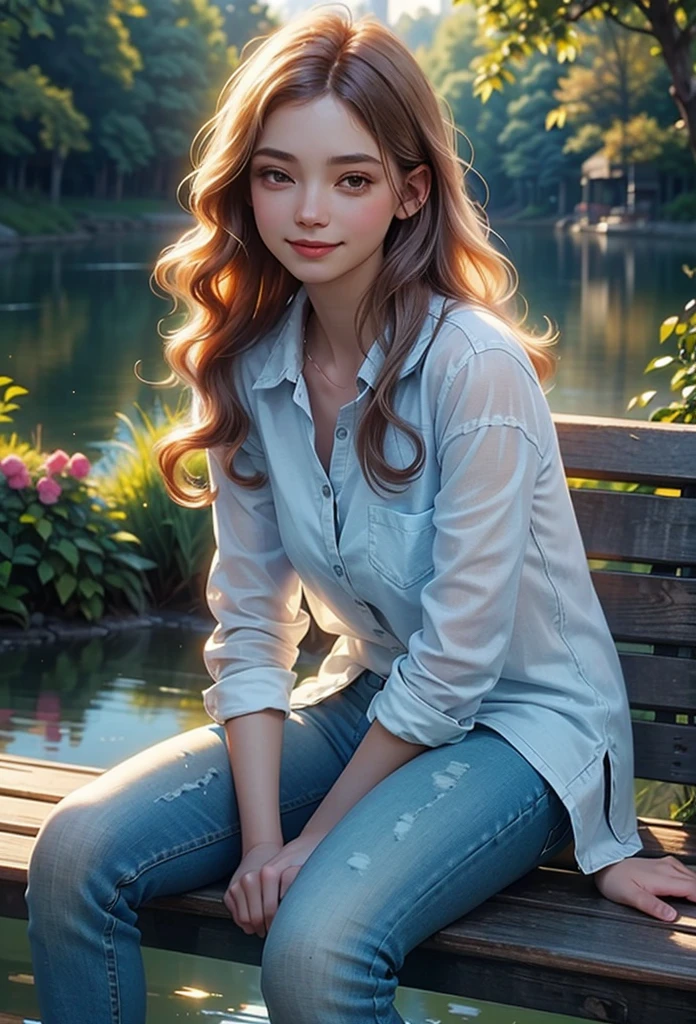 Realistic digital art, Light emission, (Shining Girl, Red_Long curly hair, flowers, Loose jeans, white shirt, Discreet smile, cute expression), (Expressing very detailed details_sitting on bench, River glowing in the background, golden hour), Beautiful light art concept, Writer: Daniil Suponitskiy jpegman