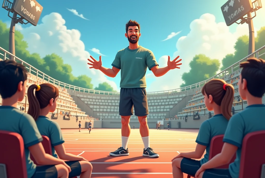 A teacher in a physical education class with his students. Start interacting and asking each other questions.. The class takes place on a sports platform. The students are sitting. The teacher must have 5 fingers on each hand.