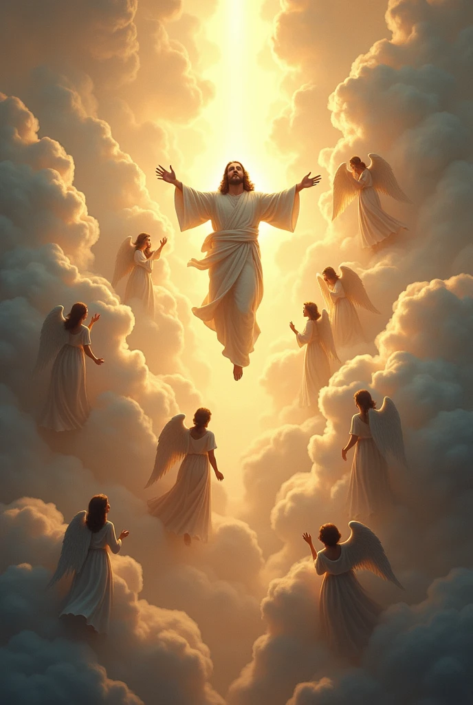 Create a majestic and awe-inspiring illustration of Jesus descending from the heavens. Jesus should be depicted with a radiant, divine presence, descending gracefully among a multitude of clouds. His figure should be glowing with a heavenly light, surrounded by a host of angels in various poses of reverence and awe. The angels should be depicted with ethereal wings and flowing robes, creating a sense of harmony and celestial beauty. The clouds can be soft and billowy, with light streaming through them, adding to the dramatic effect. The overall composition should evoke a sense of divine majesty and peacefulness, capturing the grandeur of the moment."