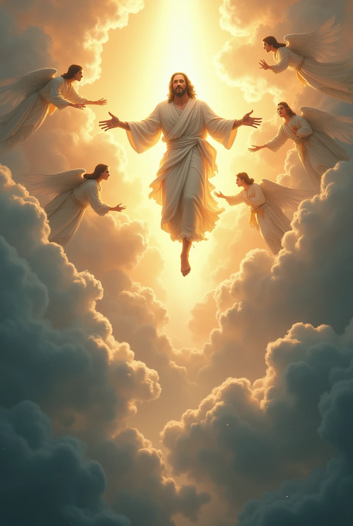 Create a majestic and awe-inspiring illustration of Jesus descending from the heavens. Jesus should be depicted with a radiant, divine presence, descending gracefully among a multitude of clouds. His figure should be glowing with a heavenly light, surrounded by a host of angels in various poses of reverence and awe. The angels should be depicted with ethereal wings and flowing robes, creating a sense of harmony and celestial beauty. The clouds can be soft and billowy, with light streaming through them, adding to the dramatic effect. The overall composition should evoke a sense of divine majesty and peacefulness, capturing the grandeur of the moment."