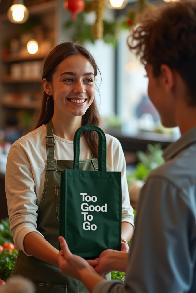 Photo d'une commerçante jeune de 22 ans qui donne un sac too good to go vert foncé, a un jeune de 18 ans fait preuve de réalisation ! Je veux que ça soit des Français, garde cette image et change la couleur du sac met le en vert foncé et il faut que y est marqué too good to go dessus, je veux des être humain