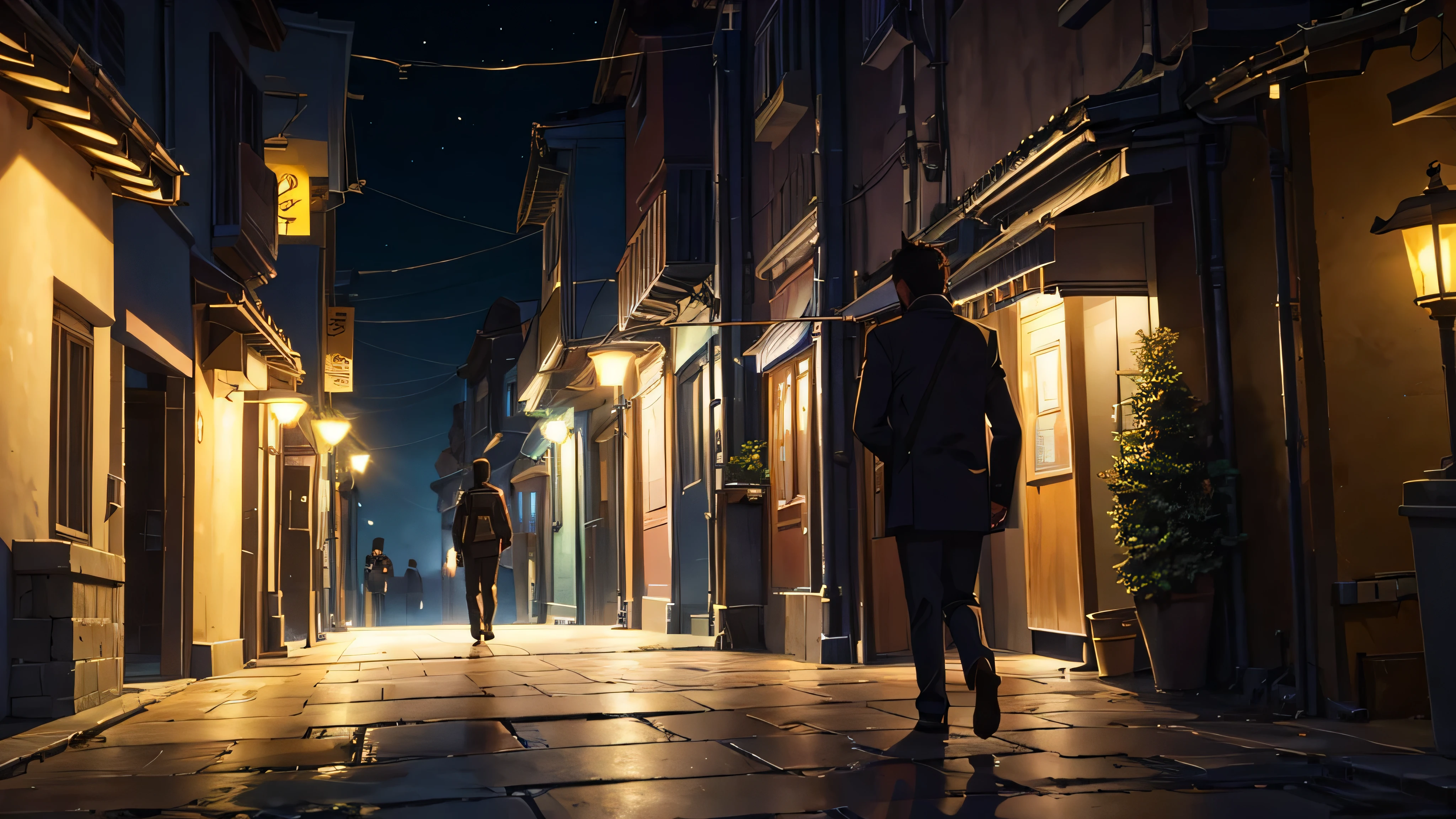 After a productive night, the protagonist walks through the silent streets of the city, with the moon shining in the sky. A soft beat accompanies the steps, as he loses himself in thought, surrounded by the tranquility of the night