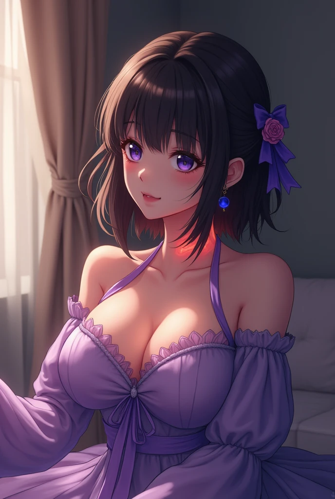 anime girl in a Violet dress with gigantic breasts, Digital composite of highlighted neck of a man with neck pain at home. Photo with copy space. Hyper realistic photo --no frame border, vignette --ar 4:5 --style raw