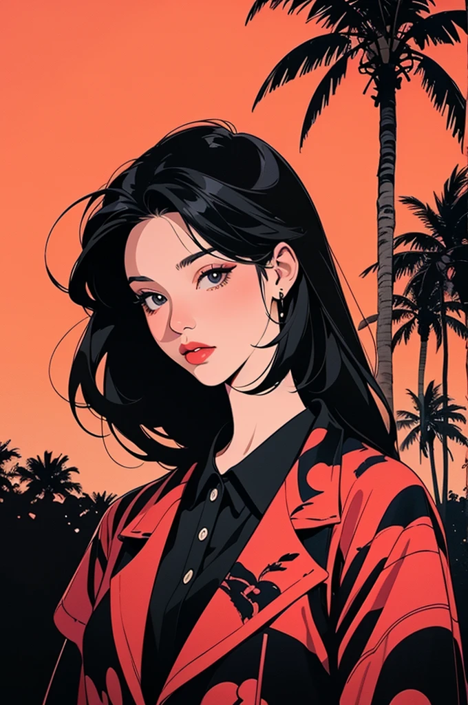 retro girl, Miami, sunset, Ferrari, palm tree, 90s, (Flat color, flat texture, line art:1.2), graphic design, (Heavy ink, ink black), 