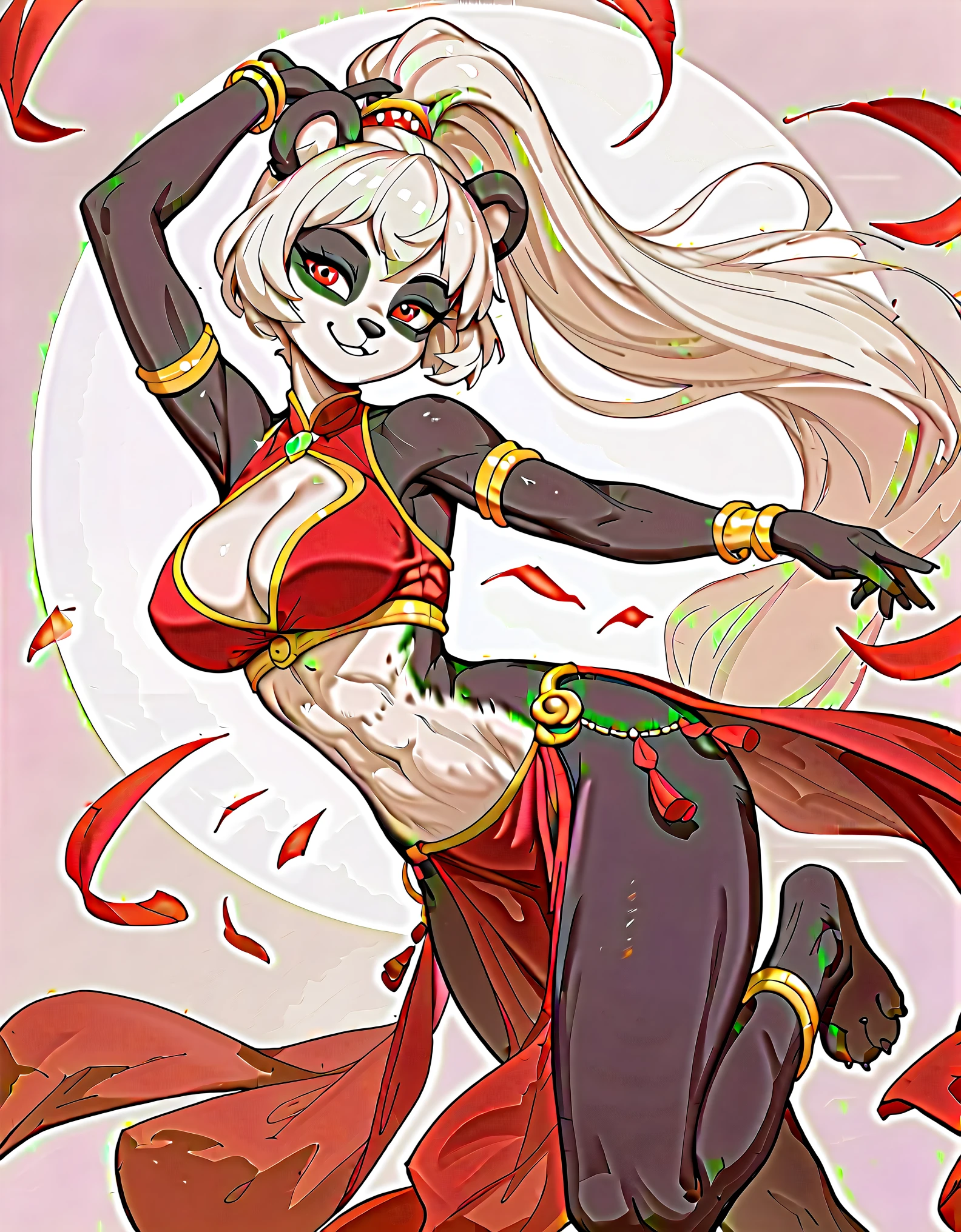 score_9, score_8_up, score_7_up, score_6_up, 1girl, anime style, anthro, sfw, anthro female panda, fluffy, dancer, red embroidered chinese dress, golden bracelets, golden anklets, cleavage cutout, long ponytail, white hair, red eyes, athletic physique, large breasts, wide hips, exposed midriff, exposed thighs, seductive gaze, smile, dancing