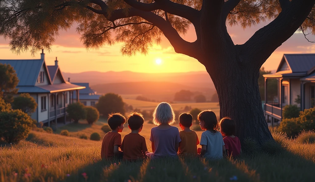 Realistic image, 8K, six young people around an elderly lady with silver hair under a tree, scene from the tree on the right side of a small village with several houses situated between hills, fields and many trees, at dusk, view of the setting sun dyeing the sky orange and gold, narrow streets, old houses in the Australian style.