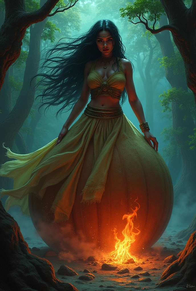 Description: Ixquic, tied and in a gourd, tells the messengers of Xibalba how to deceive them.Ixquic: "Don't kill me. The liquid they need is in the tree. Pour the red liquid into the gourd, It will be like a heart."
