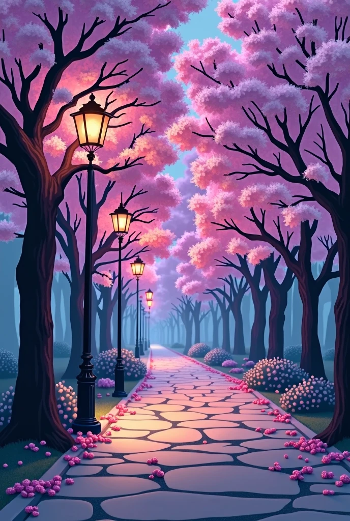 LOGO FOR RESTAURANT WITH THE WORD BOULEVARD making a path with purple leaf trees looked like cherry trees with streetlights