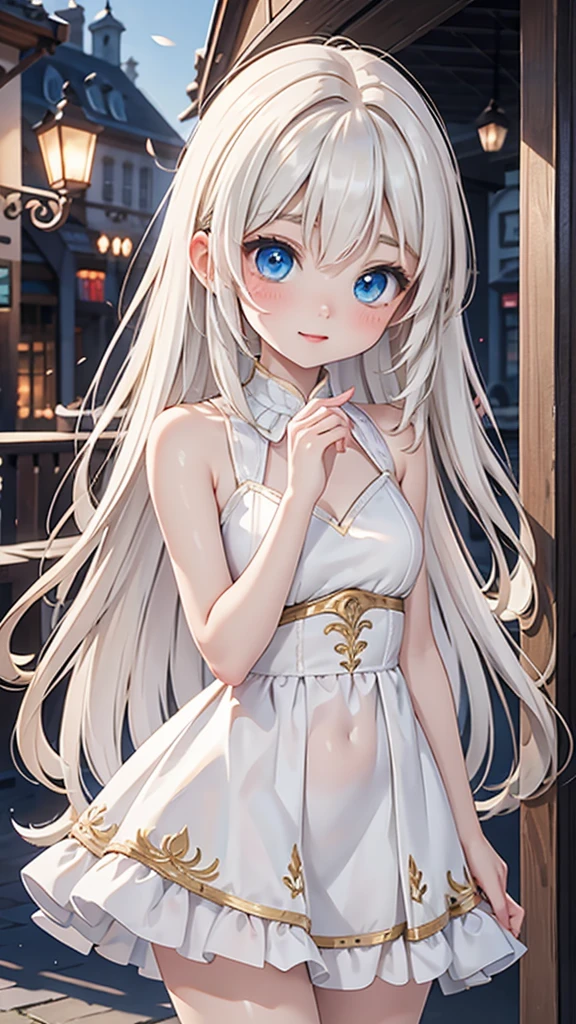 Late 20s European woman、Anime-style illustrations。Short stature with a youthful appearance、Fair skin。Short stature with a youthful appearance、Long, bright golden-white hair、Big Blue Eyes。Delicate and slender figure。Wearing a fairy-like elegant dress。Cute expressions and gestures。The background is a European city。Overall delicate and dreamy atmosphere。High-quality digital art。