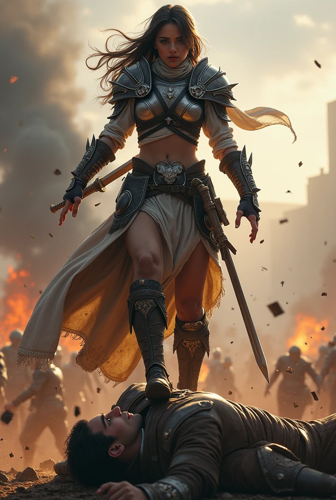 A cute warrior chick defeating another one by stepping on his head super angry with a war background