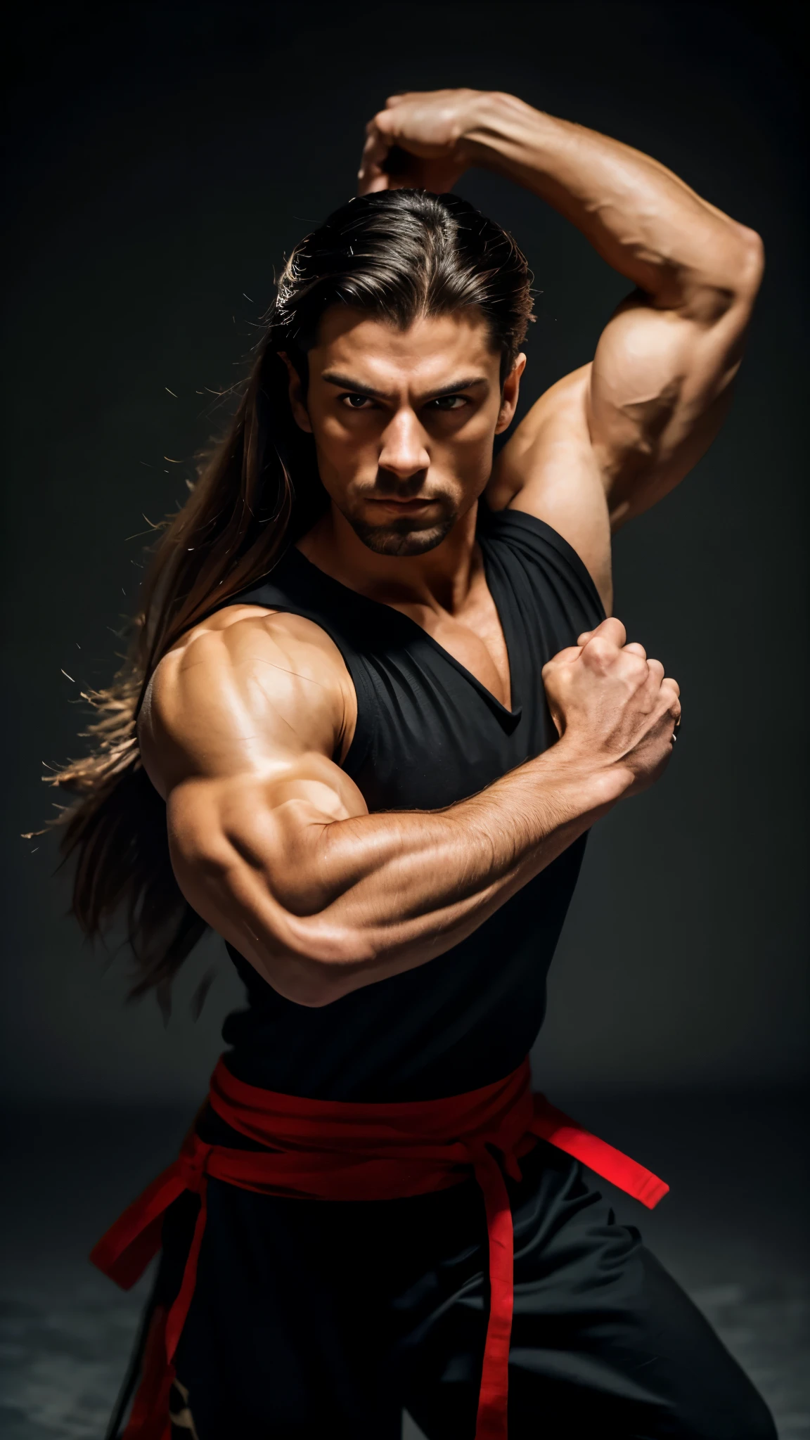 Fighting with two swords, Samurai, Stretch your arms, Realist:1.3,( fPhoto, Realist, 8k, RAW Photos, Premium Quality, masterpiece, Great lighting, Centered Images), (Dynamic Movement, Dynamic fighting,), (2 katana), whole body, (Disheveled brown long hair), (Handsome Japanese young man, have confidence、Trained muscles., Wildman and his body with perfect details), cyber punk, Warrior, Tokyo, Shibuya Ward, 