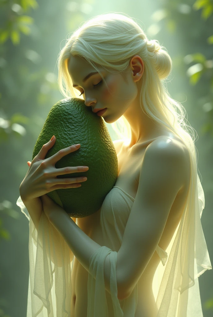 A goddess with a small face giving a hug with an avocado