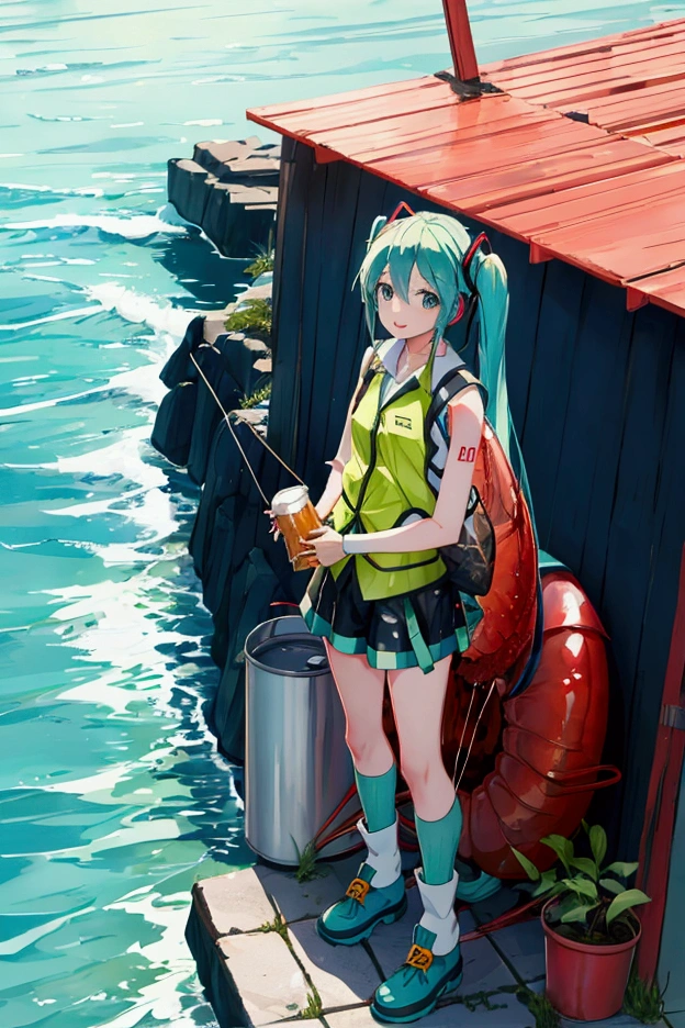 Hatsune miku lobster fishing in a fishing vest and in hiking boots holding a beer can
