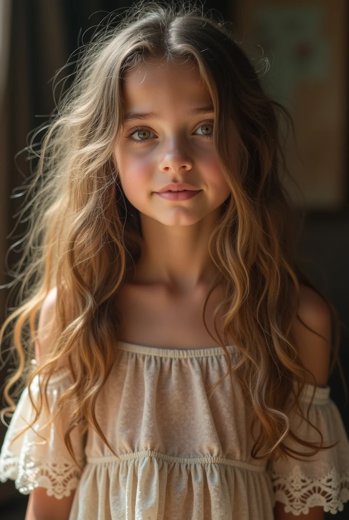 Beautiful girl âge 10 ans with wavy long hair, bohemian dress, without pantie, and showing it to the viewer