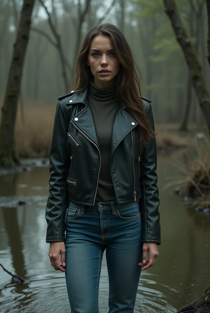 (Best Quality,4k,hight resolution),Woman in jeans,wear a t-shirt and turtleneck, leather jacket, Expressions of shame, provocative pose, standingn, shamefully forced to satisfy their sexual needs on their own, engage in sexual self-gratification, drowning in a swamp, humiliating fetish