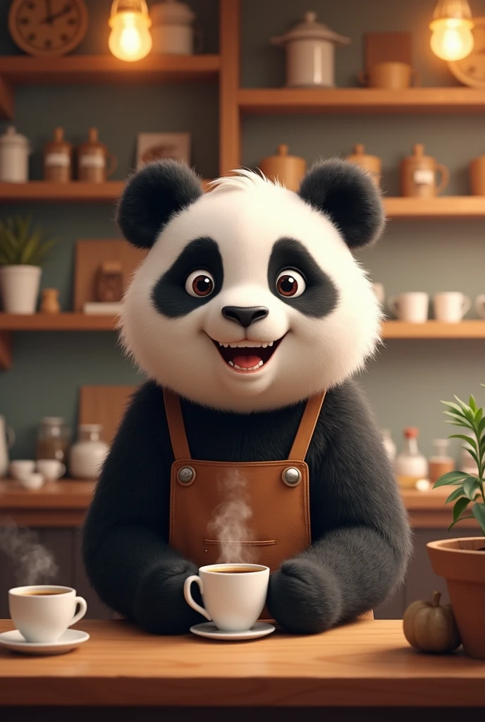 Draw a semi realistic panda, nice and happy look, I want him to be serving coffee in a traditional coffee shop. You must wear casual clothing.