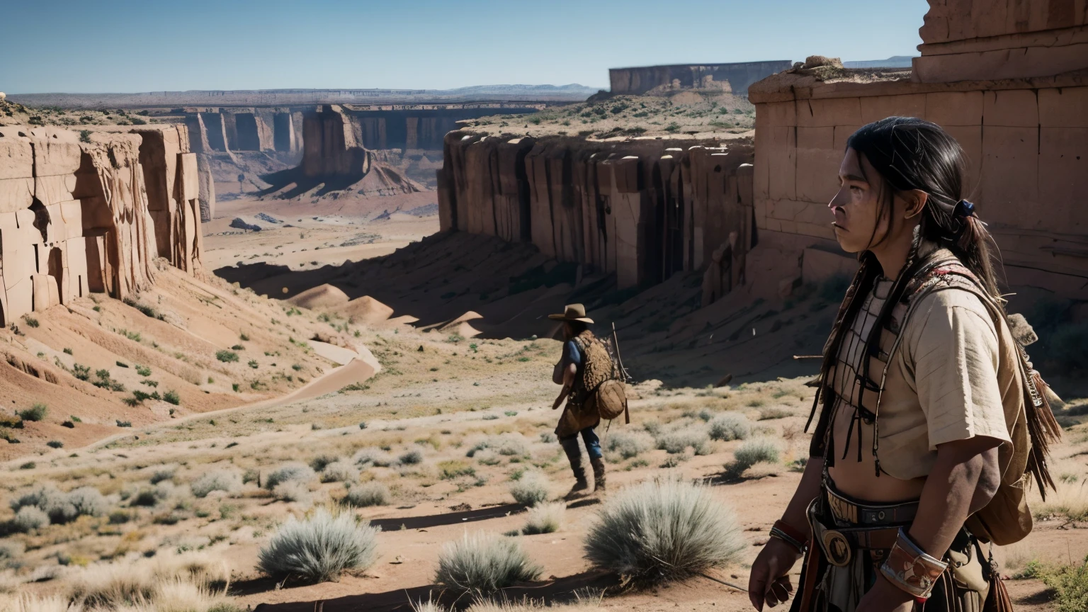 "A scene of bravery and determination, showing Apache Indians fighting for their land and cowboys defending their way of life against a backdrop of conflict."