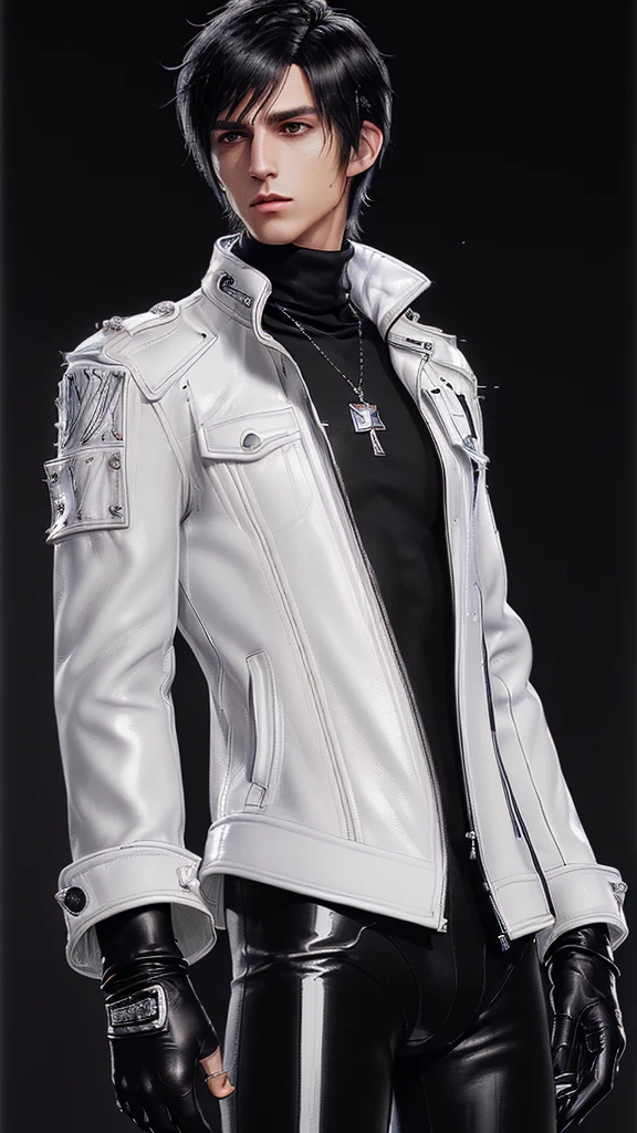 ((Final fantasy taste and reality graphics)), ((Japanese young cute and cool ikemen boy)), his age is early 20s, thin eyebrows and beady eyes, ((((he wearing white color and smooth luster shiny leather very thick single-brest jacket)))), ((with epaulet)), ((leather jacket close all zippers)),, ,(( jacket collar is very high length stand-up collar with belts)), , (((also wearing black color turtleneck polyester shirts))), (((tight black and leather pants))), ((((black leather tight and thin glove)))), ((black color leather knee-high raceup boots)),head-to-toe, whole body, boy looks like fashion model,Do not show skin from the neck down,(((all his clothes are smooth design and very shining))),(((Avoid adding unnecessary decorations to your clothes))),(((all clothes is simple design and appearance))),(((don't wear jewelry on all clothes)))