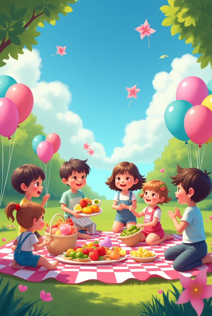 Scenario photos with children. Piquinique ao libre with candy colors cores, baloes, checkered tablecloths, lots of fruit, sweets, lemonades, lemonade stand, cotton candy cart and large paper windmills